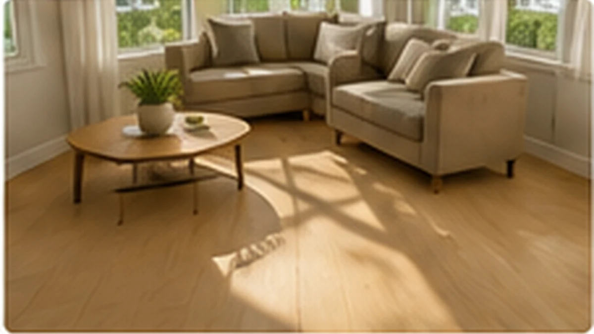 Sunlight streaming across a hardwood floor and living room furniture through a large window