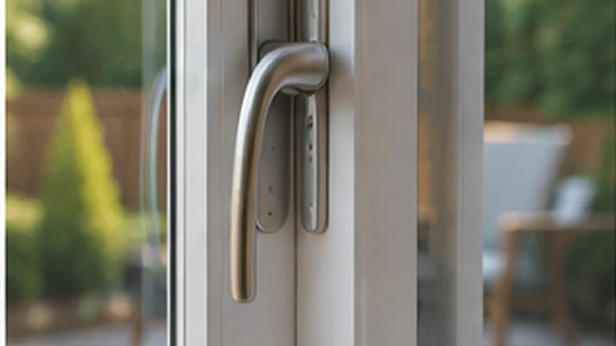 Close-up of a patio door handle and multi-point lock hardware