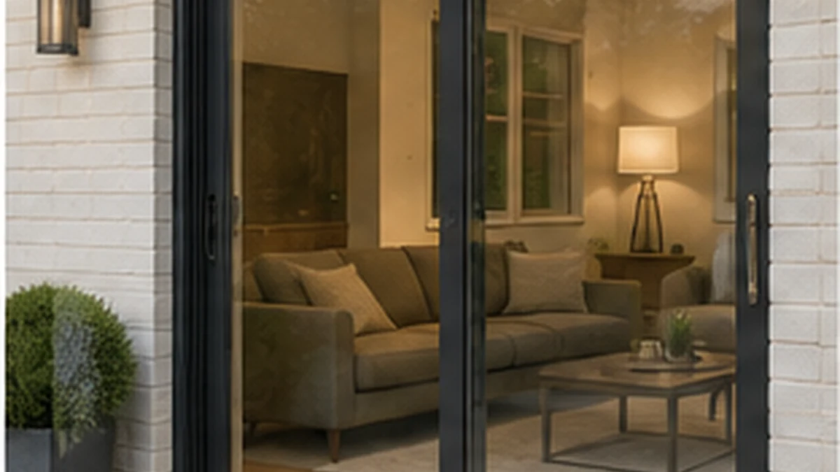 Modern black-framed sliding patio doors opening onto a warmly lit living room at dusk