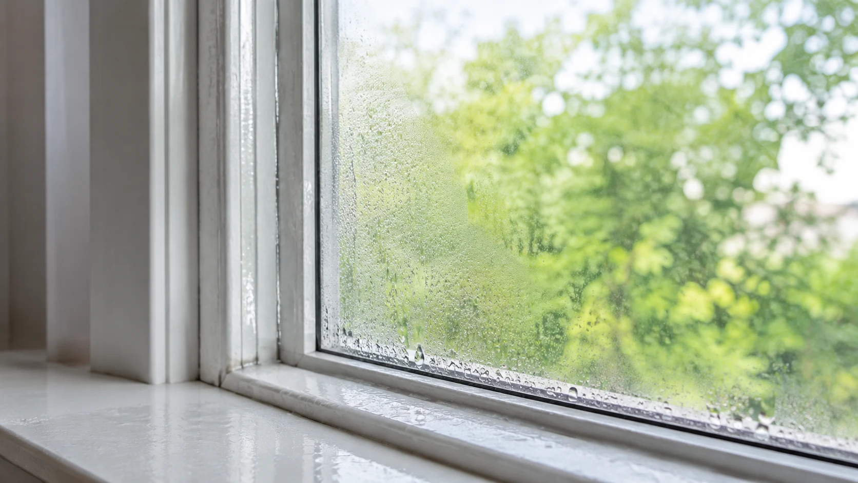 Condensation and fogging trapped on the interior surface of a window during humid summer weather