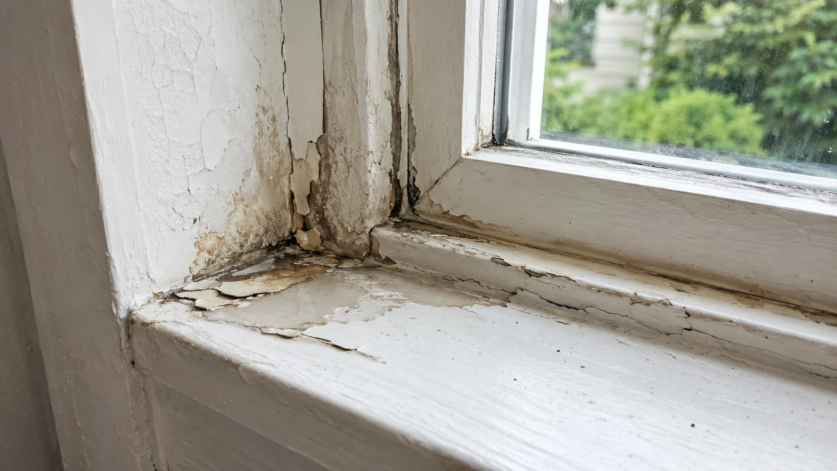 Peeling paint and moisture damage on an older wood window sill